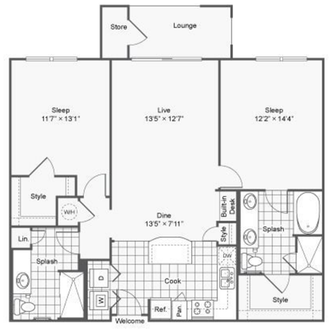 Floor plan for 2 beds, 2 baths, 1152 sqft